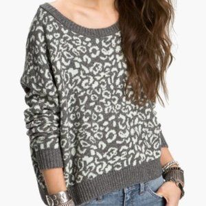 Free People Grey & White Leopard Print Cotton Wool Blend Boxy Sweater
